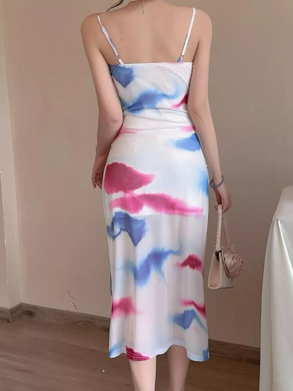 Abstract Watercolor Print Ruched Midi Dress, image 7