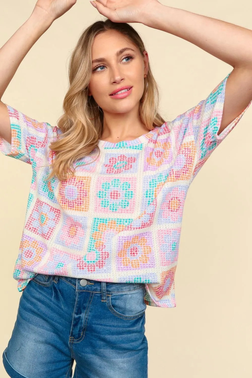 Flower Print Round Neck Short Sleeve T-Shirt, image 5