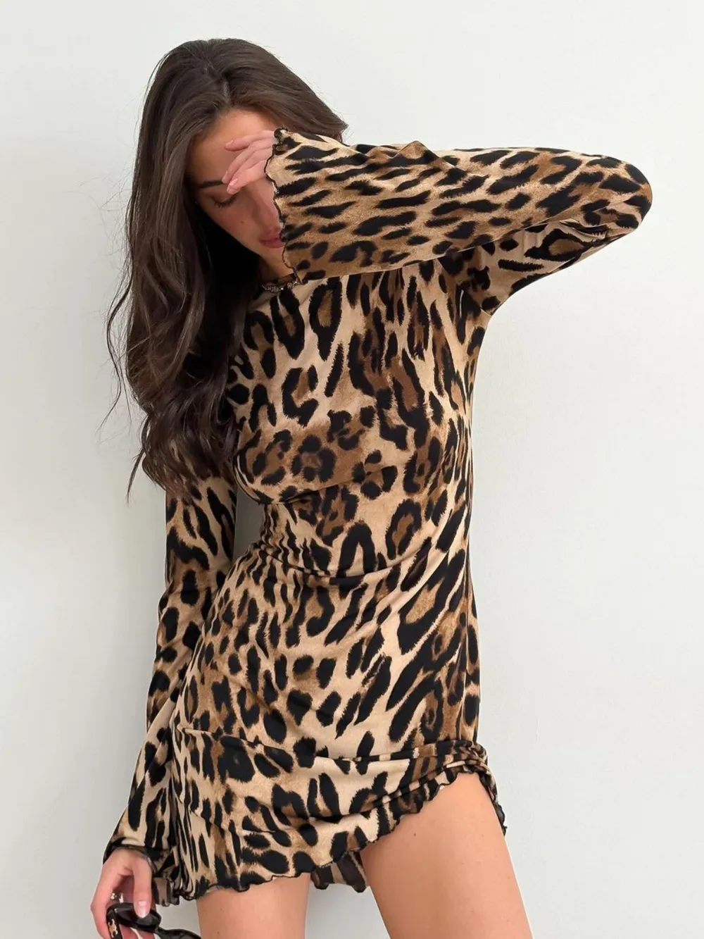 Leopard Backless Long Sleeve Mini Dress, image 3