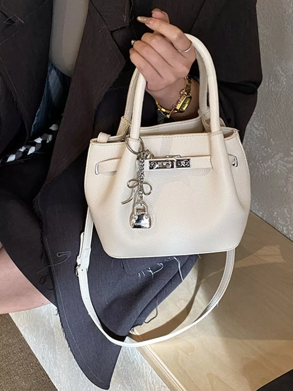 Leather Crossbody Bag with Lock Detail, image 2