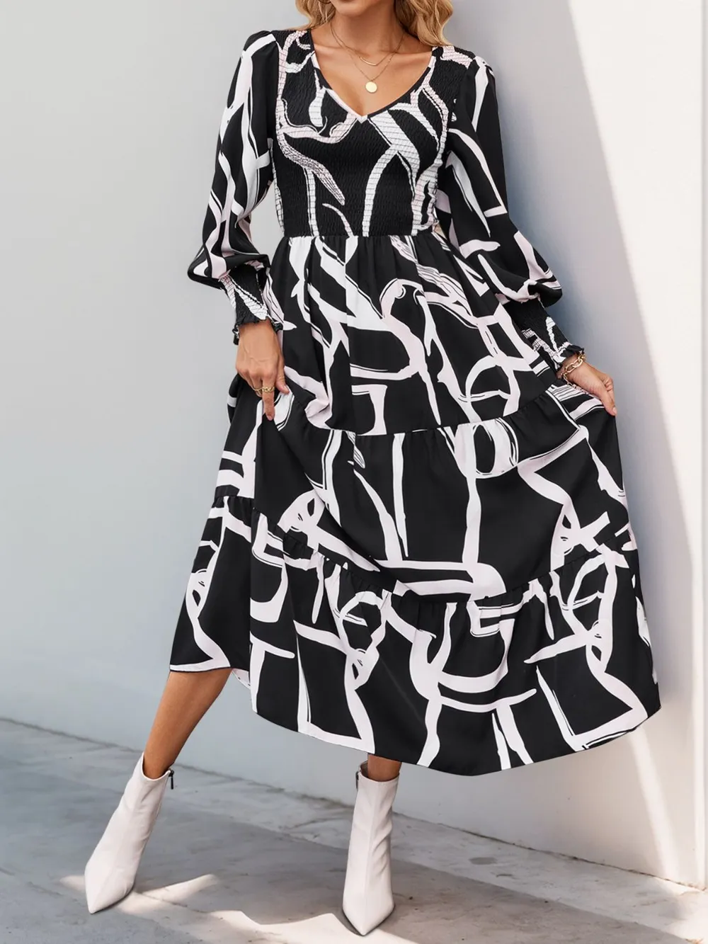 Smocked Printed Long Sleeve Midi Dress, image 5
