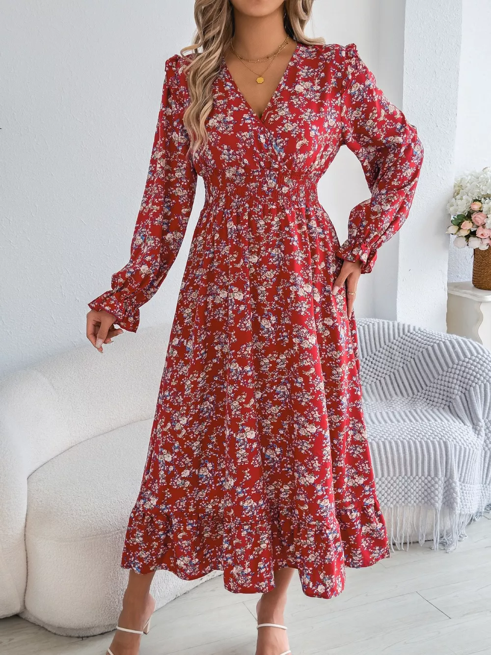 Ruffled Floral V-Neck Flounce Sleeve Dress, image 9