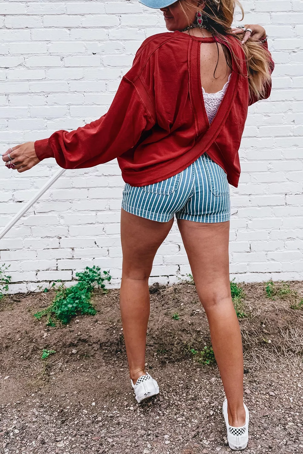 Ribbed Detail Drop Shoulder Cutout Back Sweatshirt, image 2