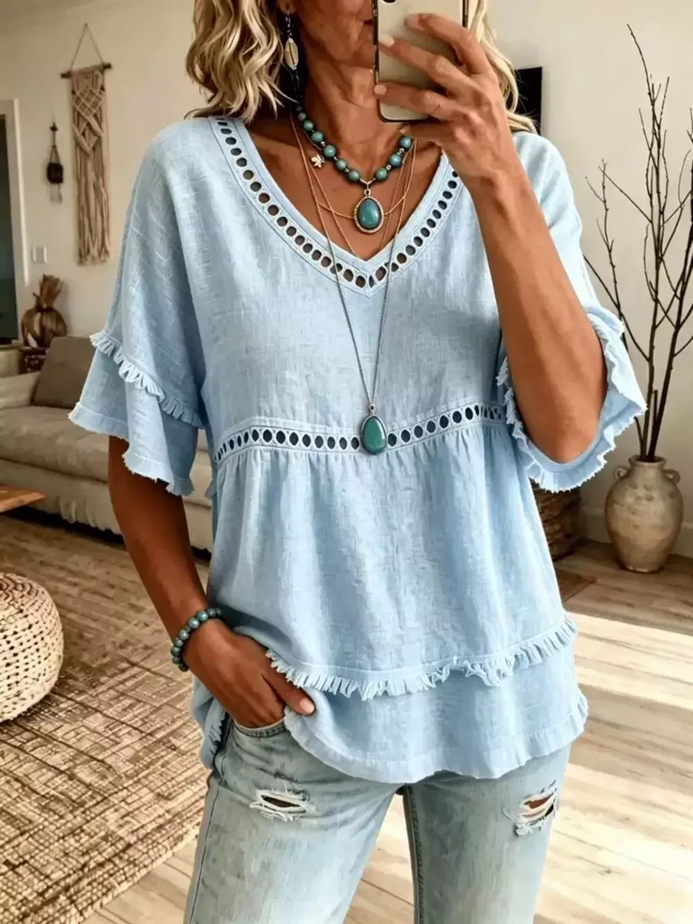 Eyelet V-Neck Frayed Edge T-Shirt, image 10
