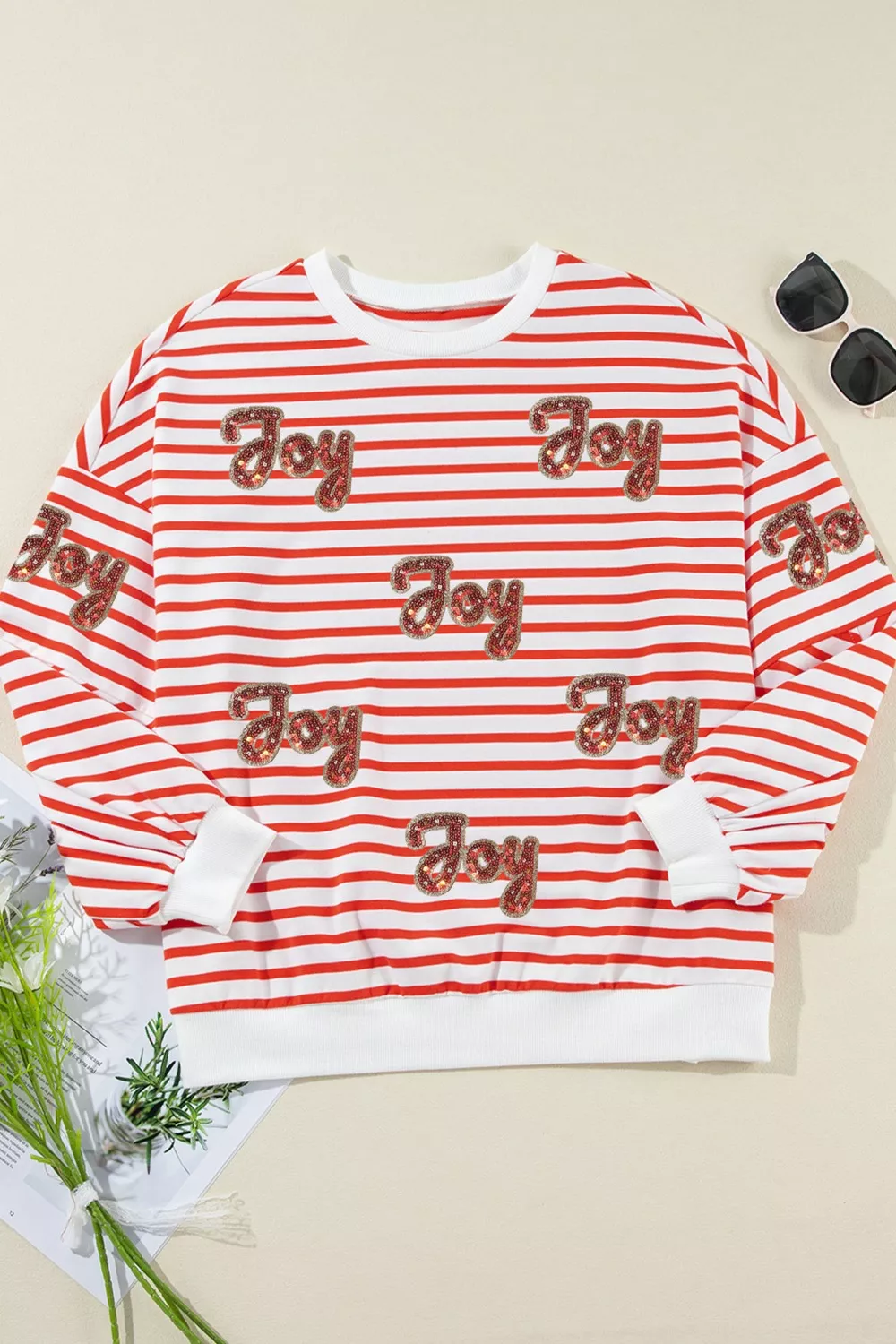 Stripe Sequined Joy Pattern Patchwork Sleeve Round Neck Sweatshirt, image 4