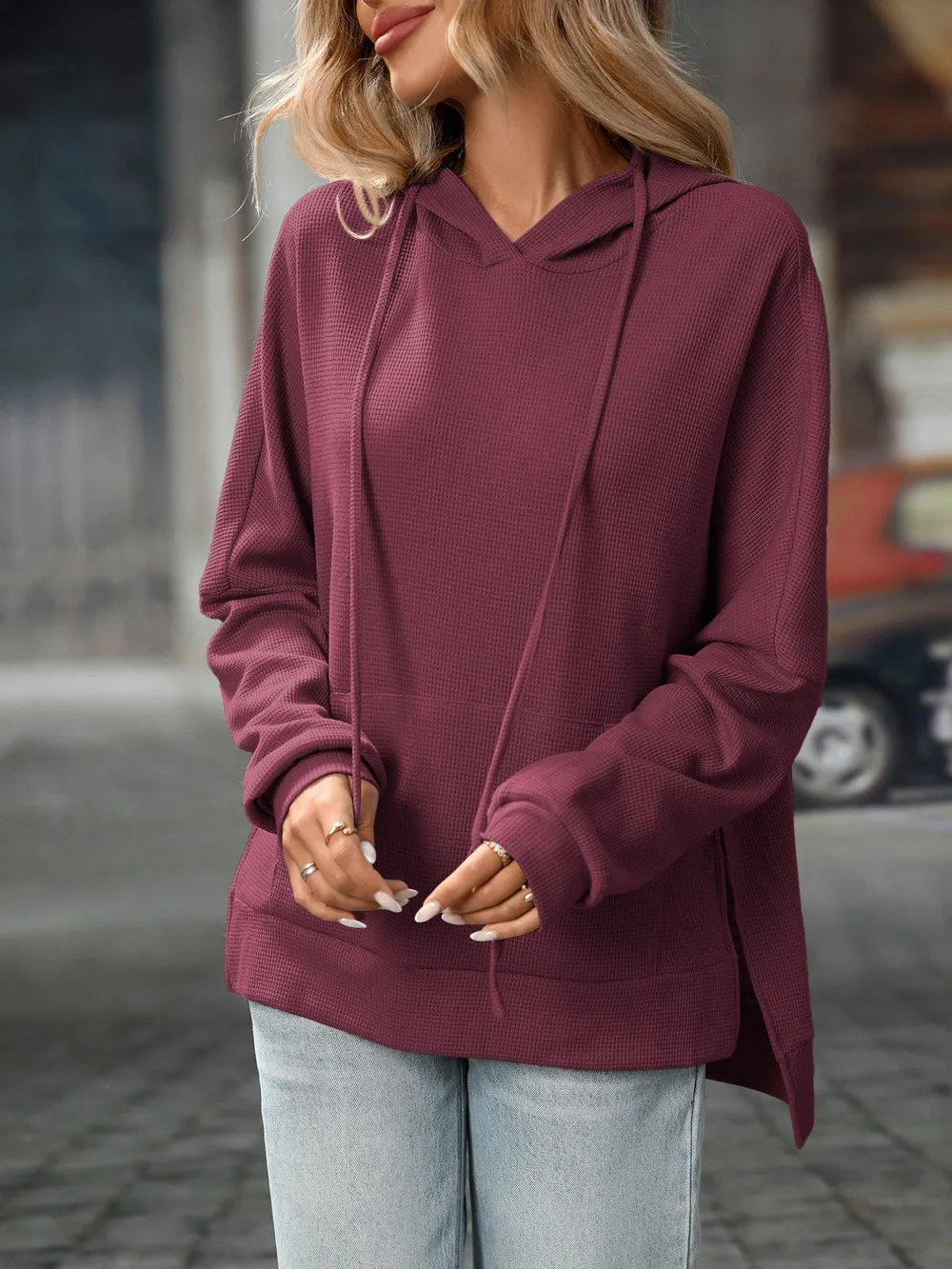 Textured Drawstring Long Sleeve Hoodie, image 11