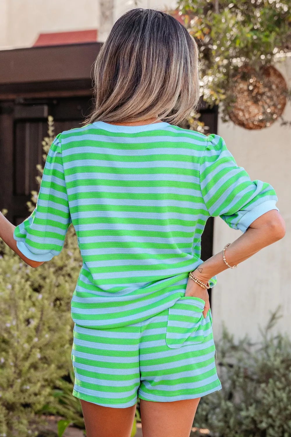 Stripe Colorblock Detail Puff Sleeve Top Drawstring Shorts 2pcs Outfit, image 4