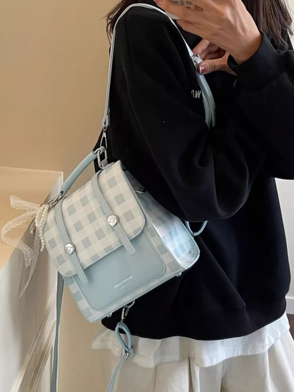 Plaid Lace Decor Backpack Bag, image 4