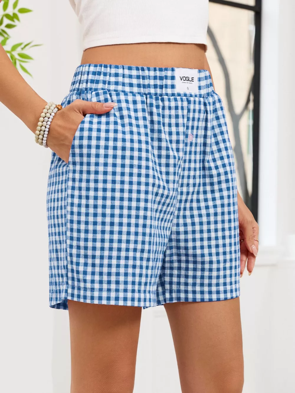 Gingham Elastic Waist Casual Shorts, image 12