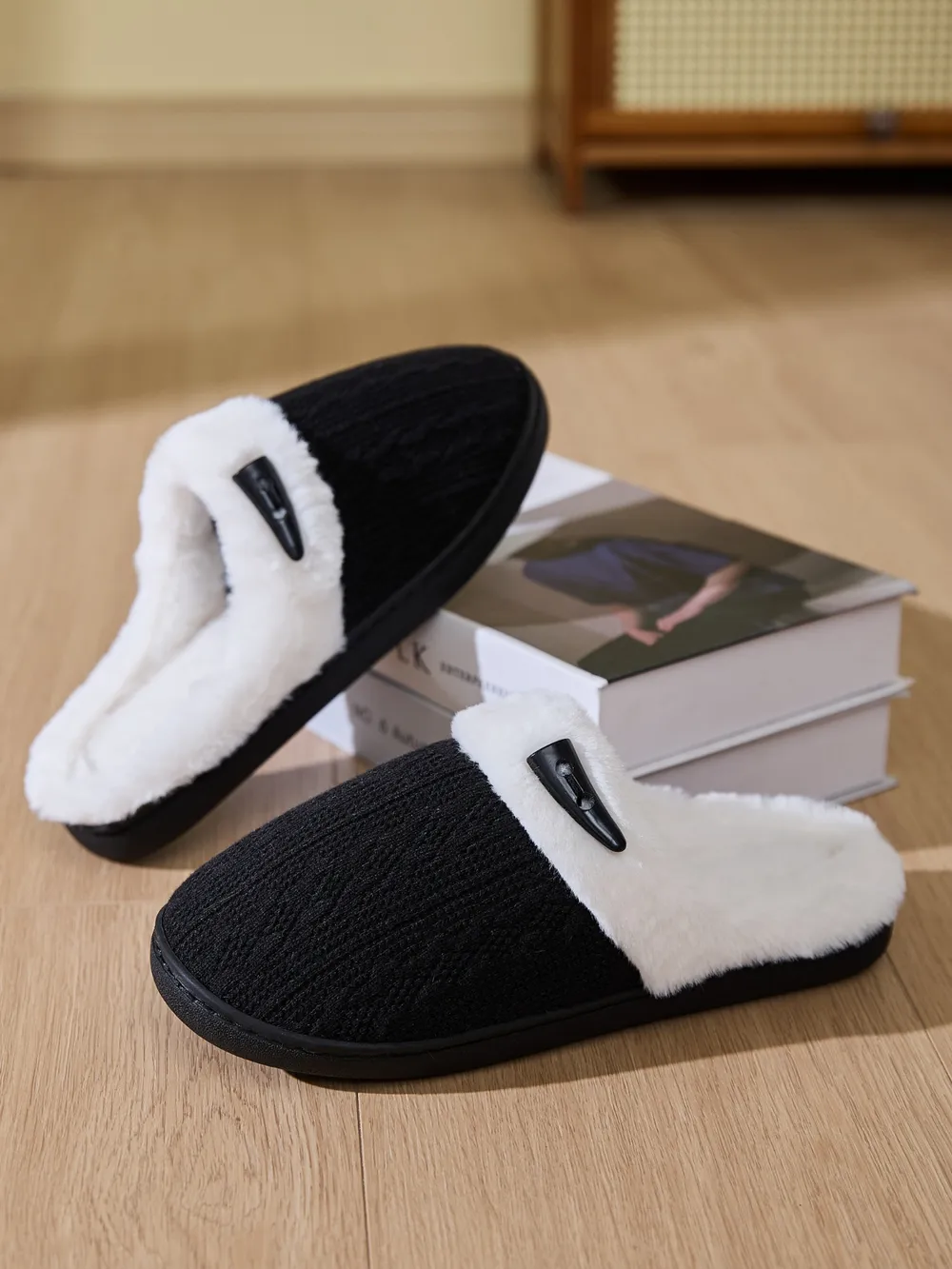 Horn Buckle Furry Texture Flat Slippers, image 12