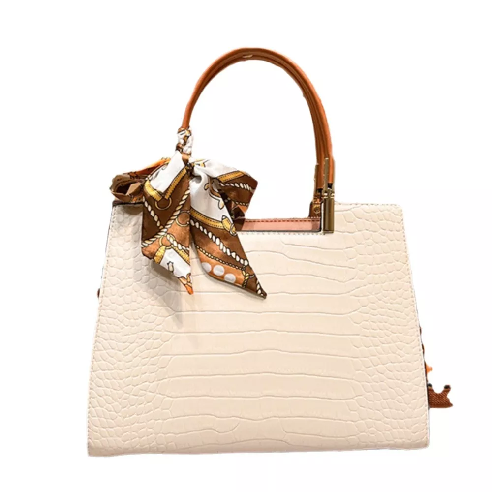 Crocodile Embossed Top Handle Handbag with Scarf, image 2