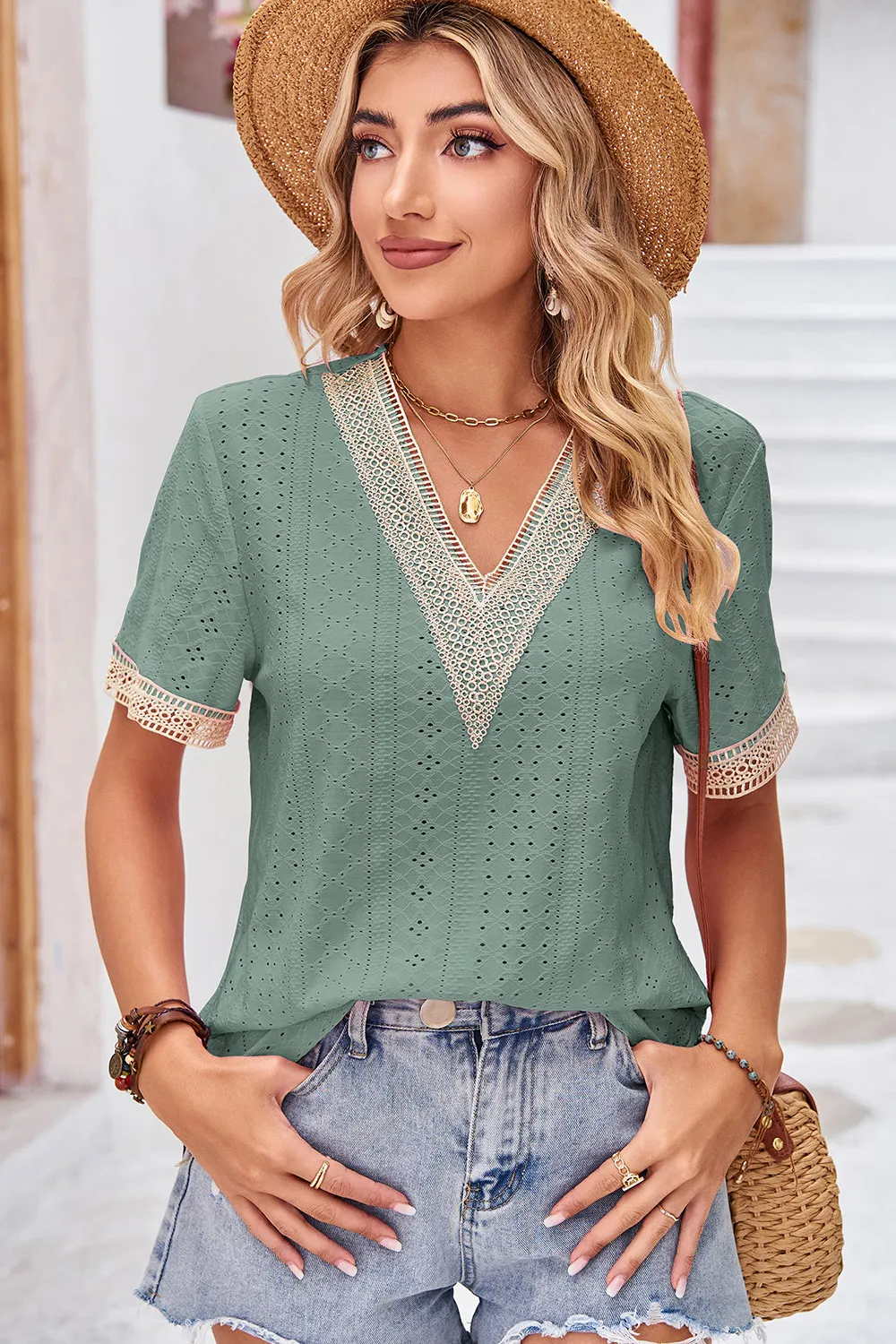 Eyelet V-Neck Short Sleeve T-Shirt, image 13