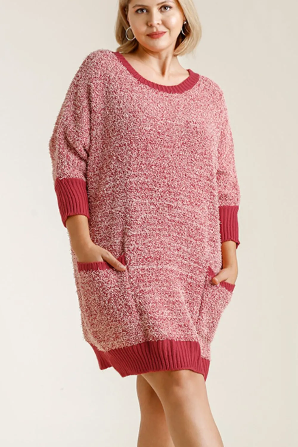Full Size Ribbed Hem Round Neck 3/4 Sleeve Sweater Dress with Pockets Plus Size, image 2