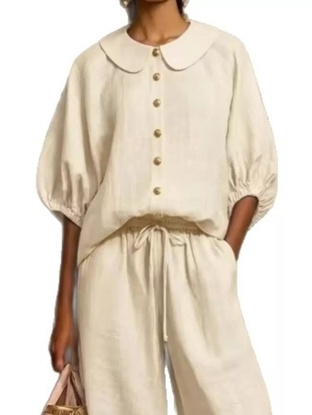 Full Size Button Down Half Sleeve Top and Pants Set Plus Size, image 2
