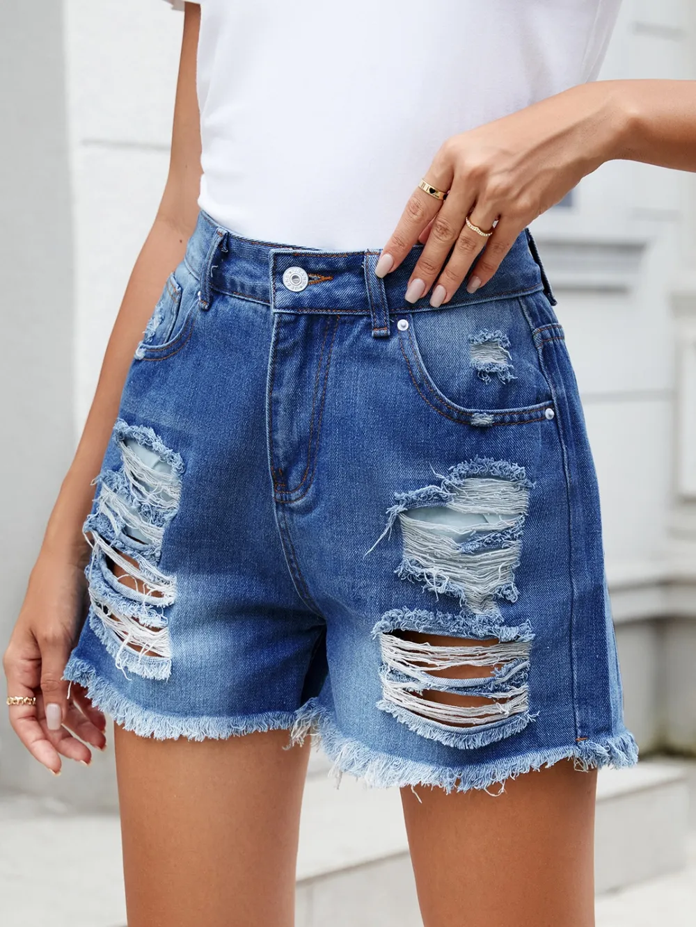 Distressed Raw Hem Denim Shorts, image 6
