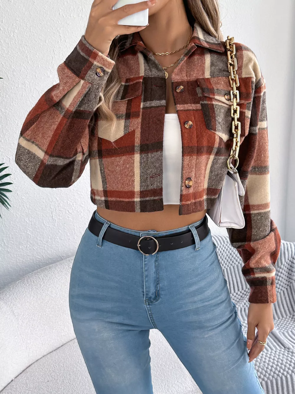 Plaid Button Up Cropped Jacket, image 5