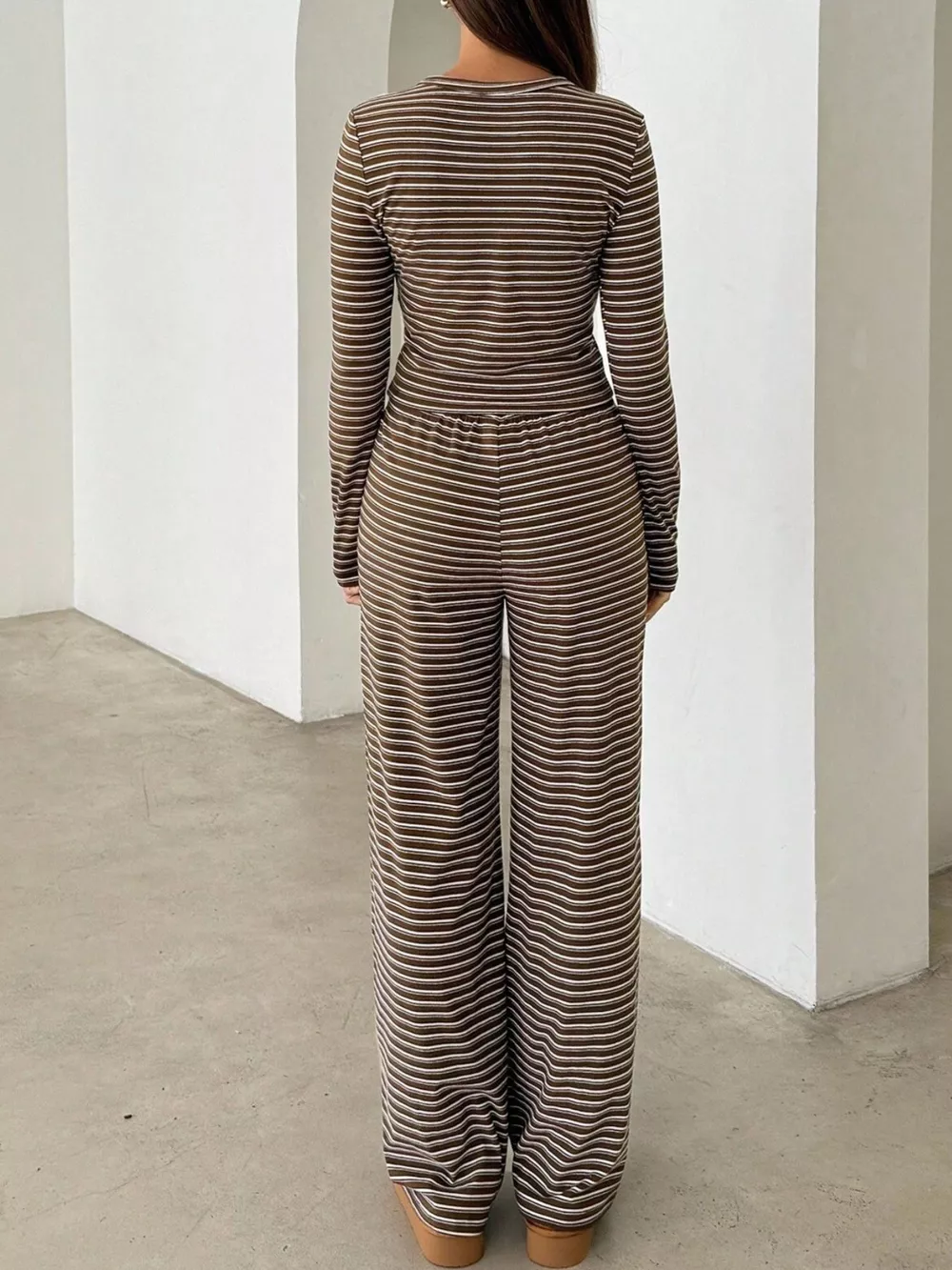 Striped Long Sleeve Crop Top and Wide Leg Pants Two-Piece Set, image 7