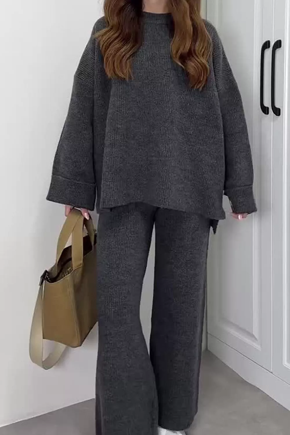 Dropped Shoulder Knit Sweater and Wide Leg Pants Set, image 10
