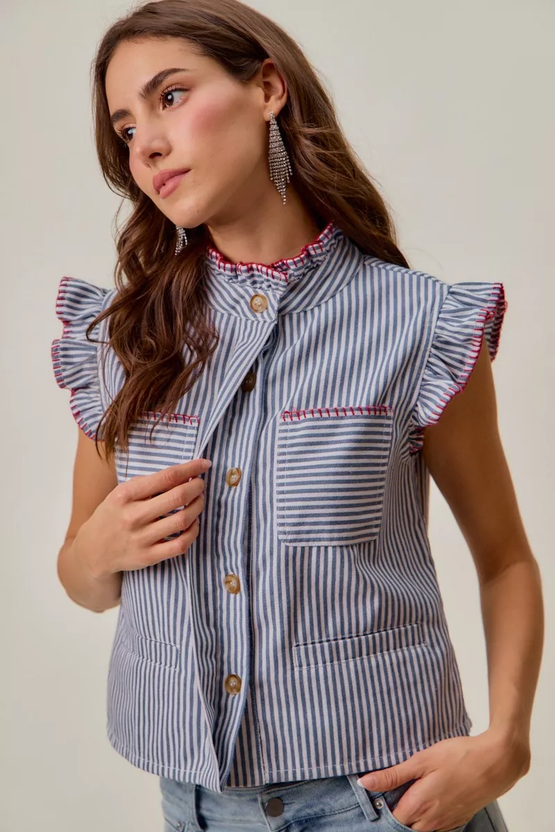 Stripe Twill Stitch Ruffled Hidden Button Vest Top, image 9