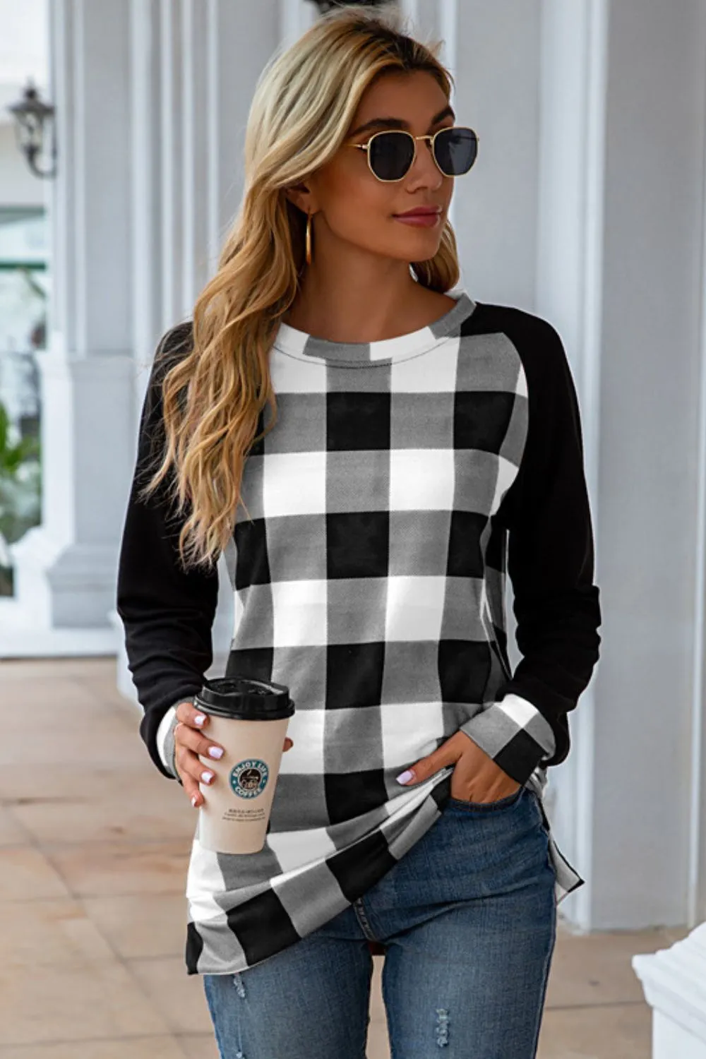 Plaid Round Neck Long Sleeve T-Shirt, image 15