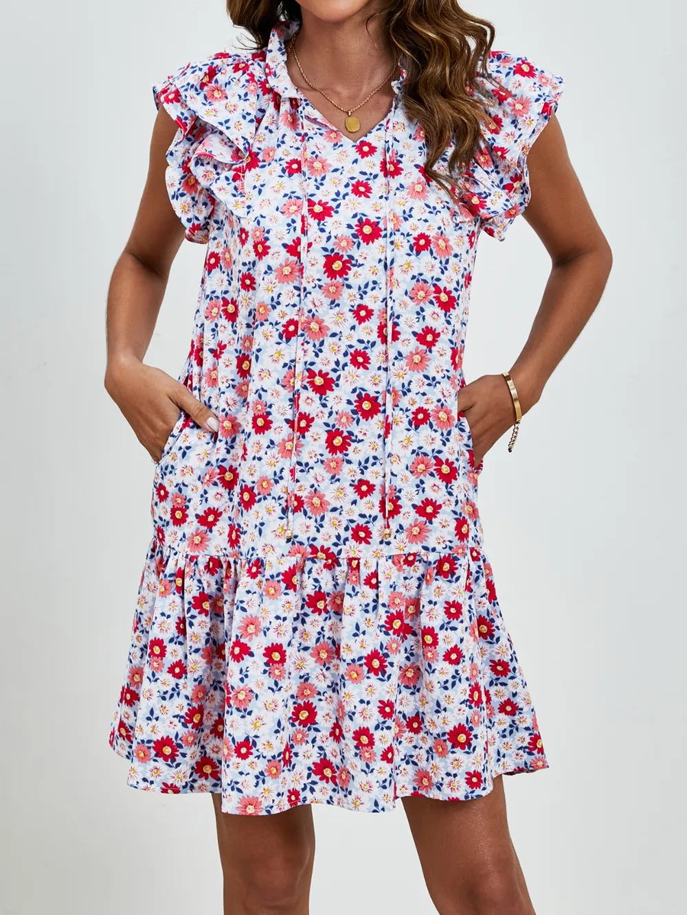 Tied Floral Cap Sleeve Mini Dress, image 5
