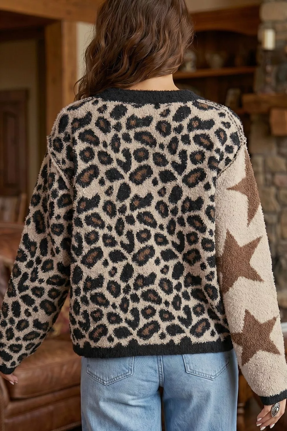 Leopard Star Pattern Round Neck Long Sleeve Shift Sweater, image 8