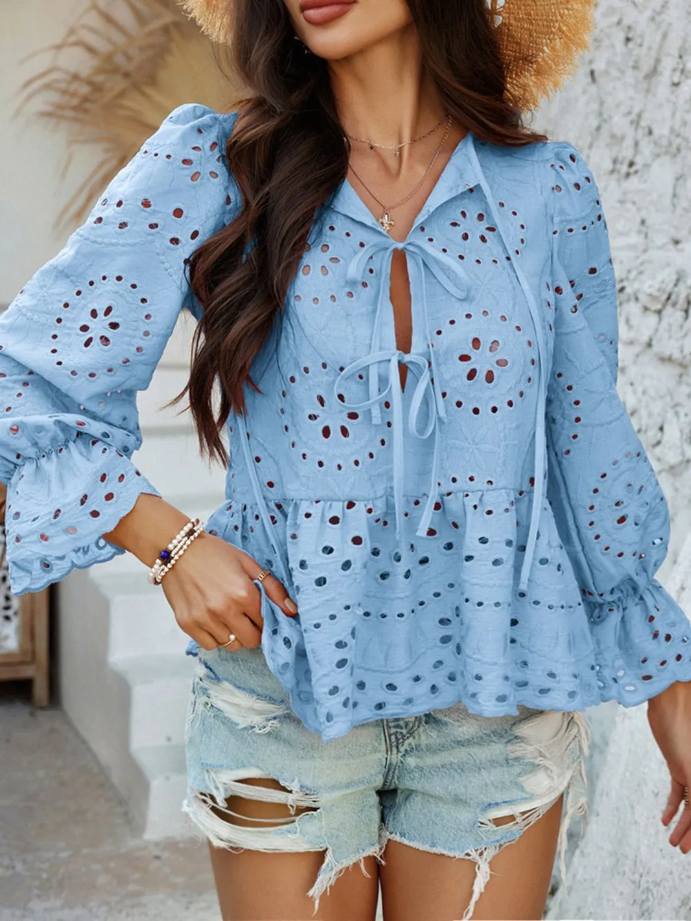 Tie Front Flounce Sleeve Peplum Blouse, image 5