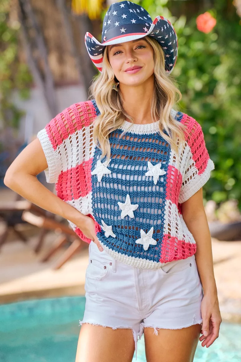 BiBi Crochet Star Patches 4th Of July Sweater Cover Up, image 2