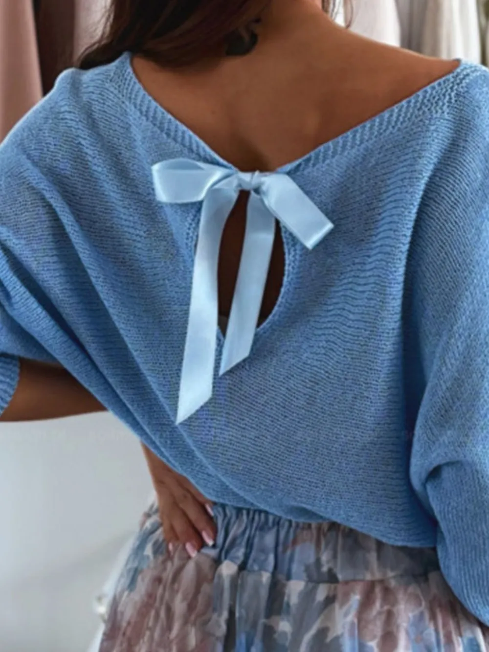 Bow Back Boat Neck Batwing Sleeve Sweater, image 6