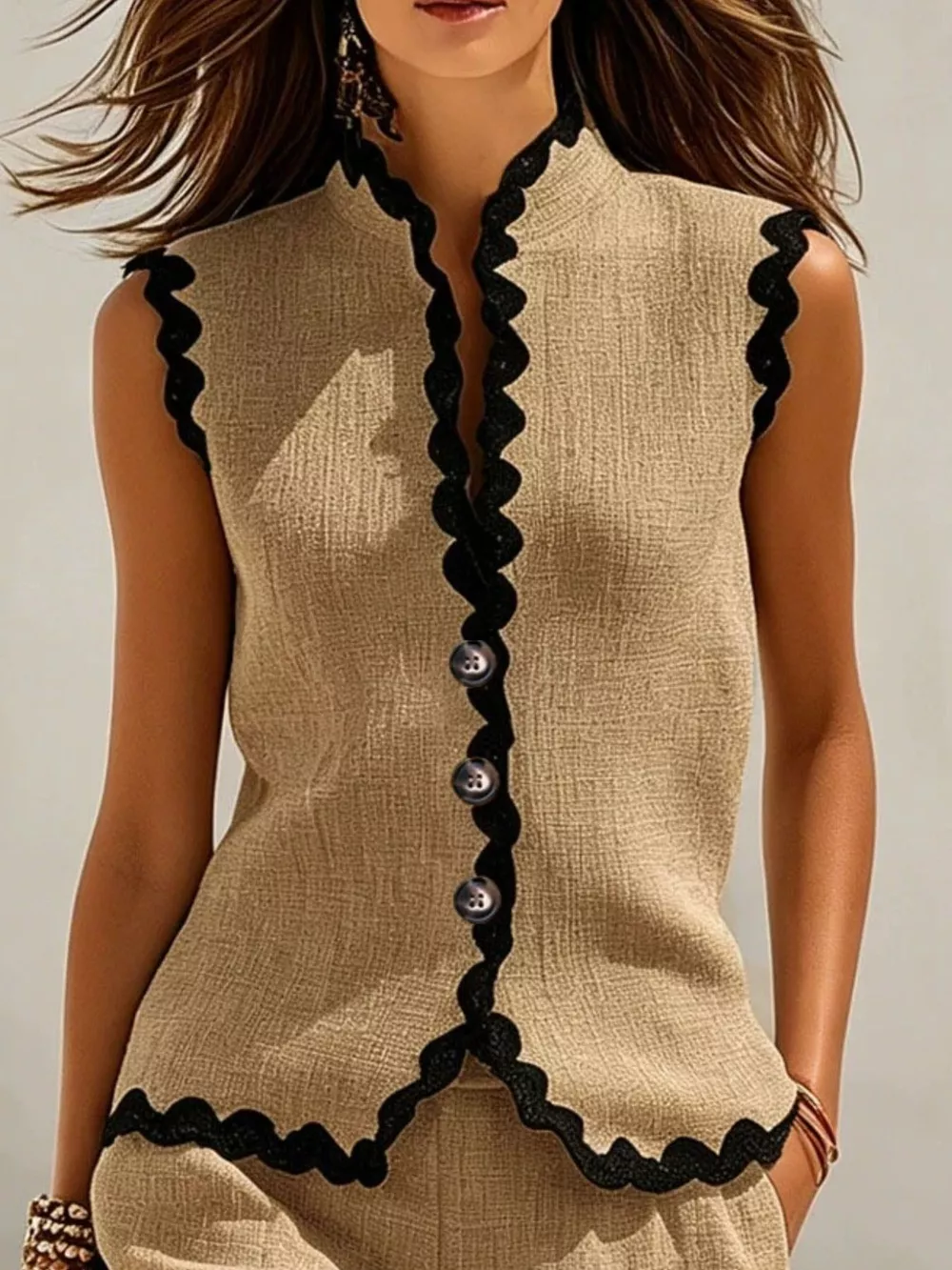 Full Size Scalloped Trim Sleeveless Vest and Shorts Two-Piece Set Plus Size, image 4