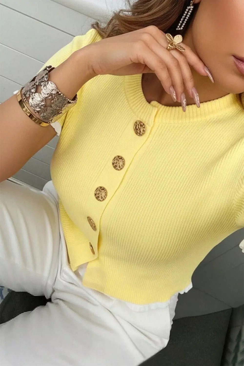 Ribbed Knit Contrast Frilled Short Sleeve Sweater Cardigan, image 4