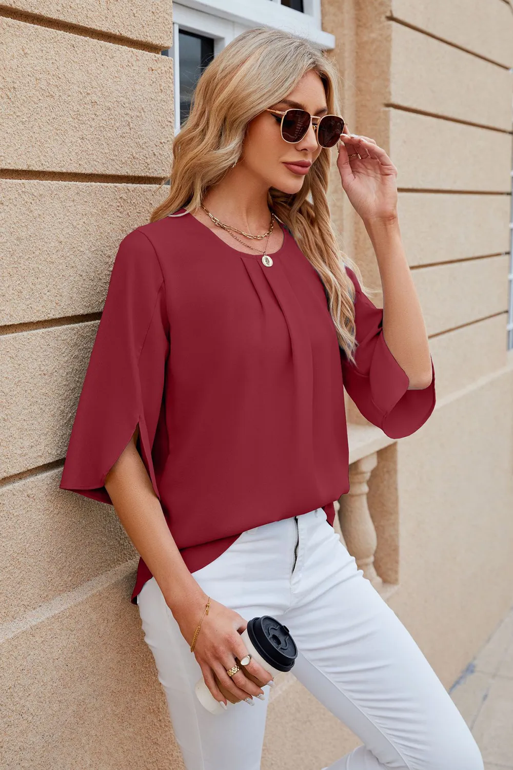 Round Neck Slit Half Sleeve Top, image 5