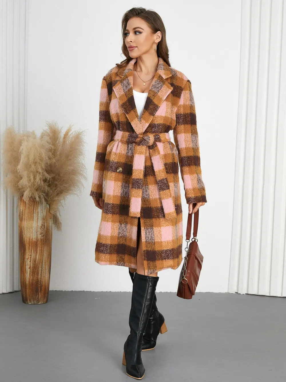 Tied Plaid Collared Neck Coat, image 13