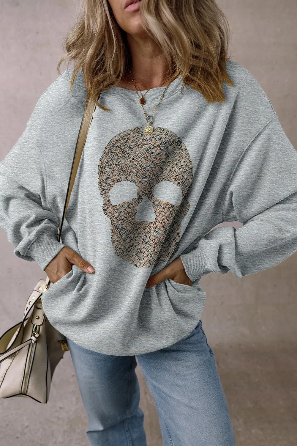 Skull Round Neck Long Sleeve Sweatshirt, image 3