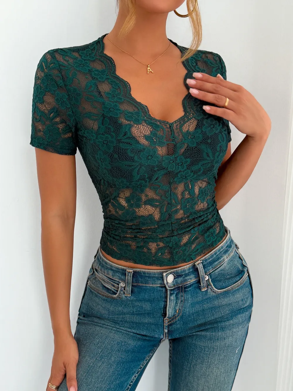 Lace V-Neck Short Sleeve Top, image 2