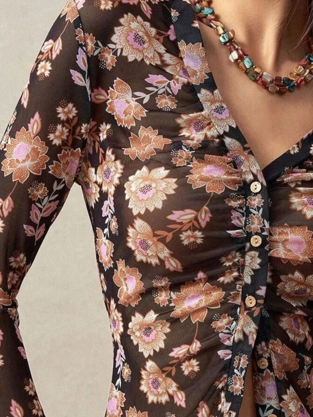 Printed Flare Sleeve Button Down Top, image 8