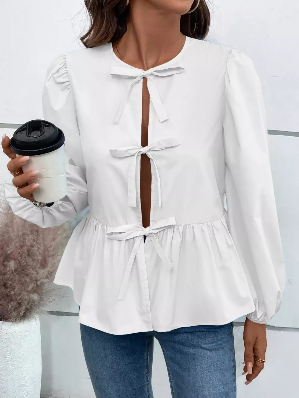 Peplum Tied Long Sleeve Blouse, image 12
