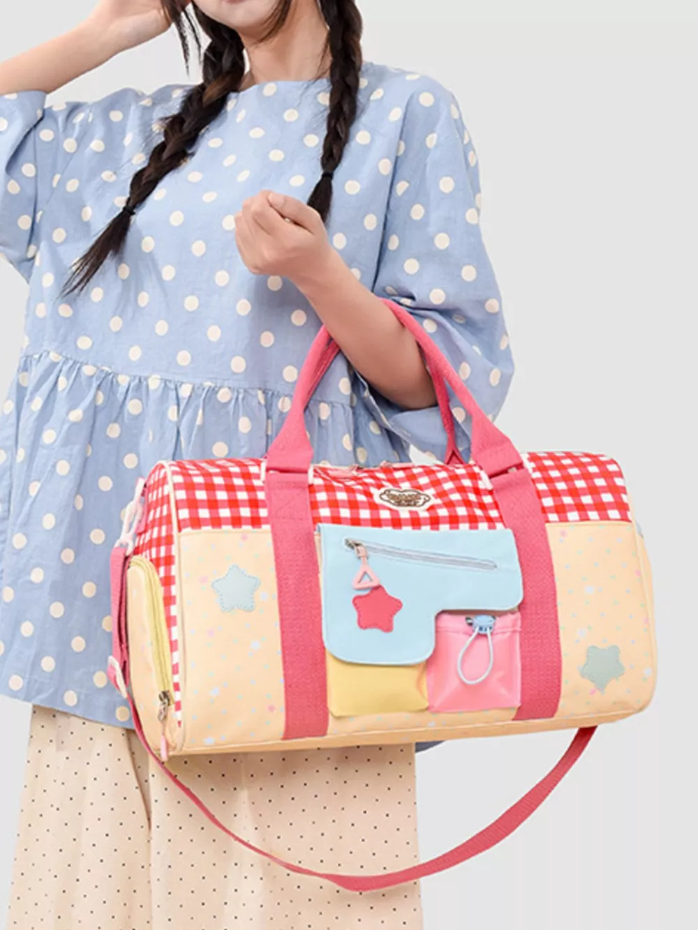 Gingham Duffel Bag with Multi-Pockets, image 4