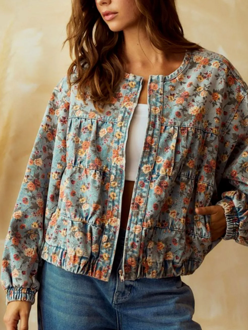 Floral Print Zip Up Cropped Denim Jacket, image 5