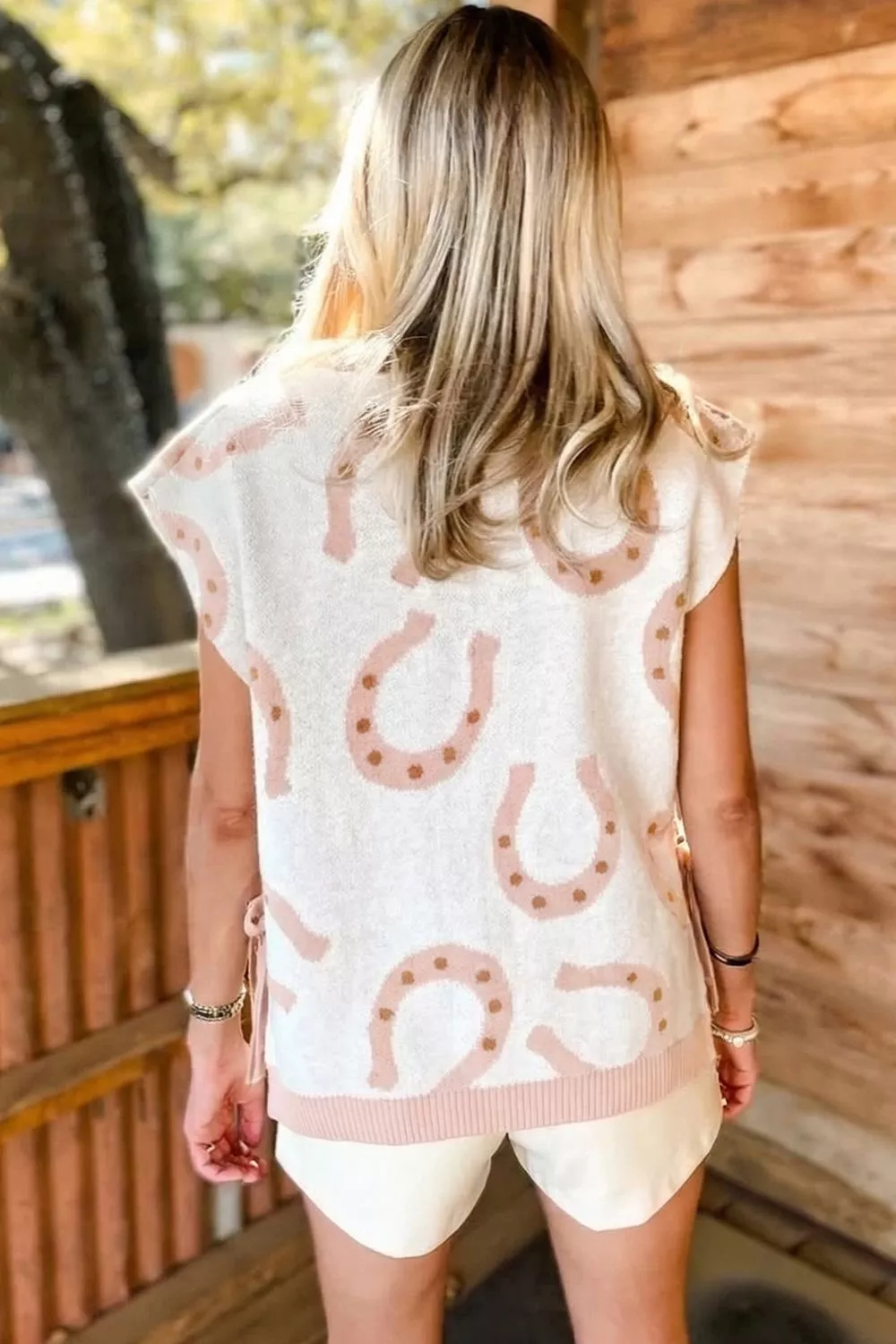 Horse Shoe Western Print Tied Side Cap Sleeve Knit Top, image 2