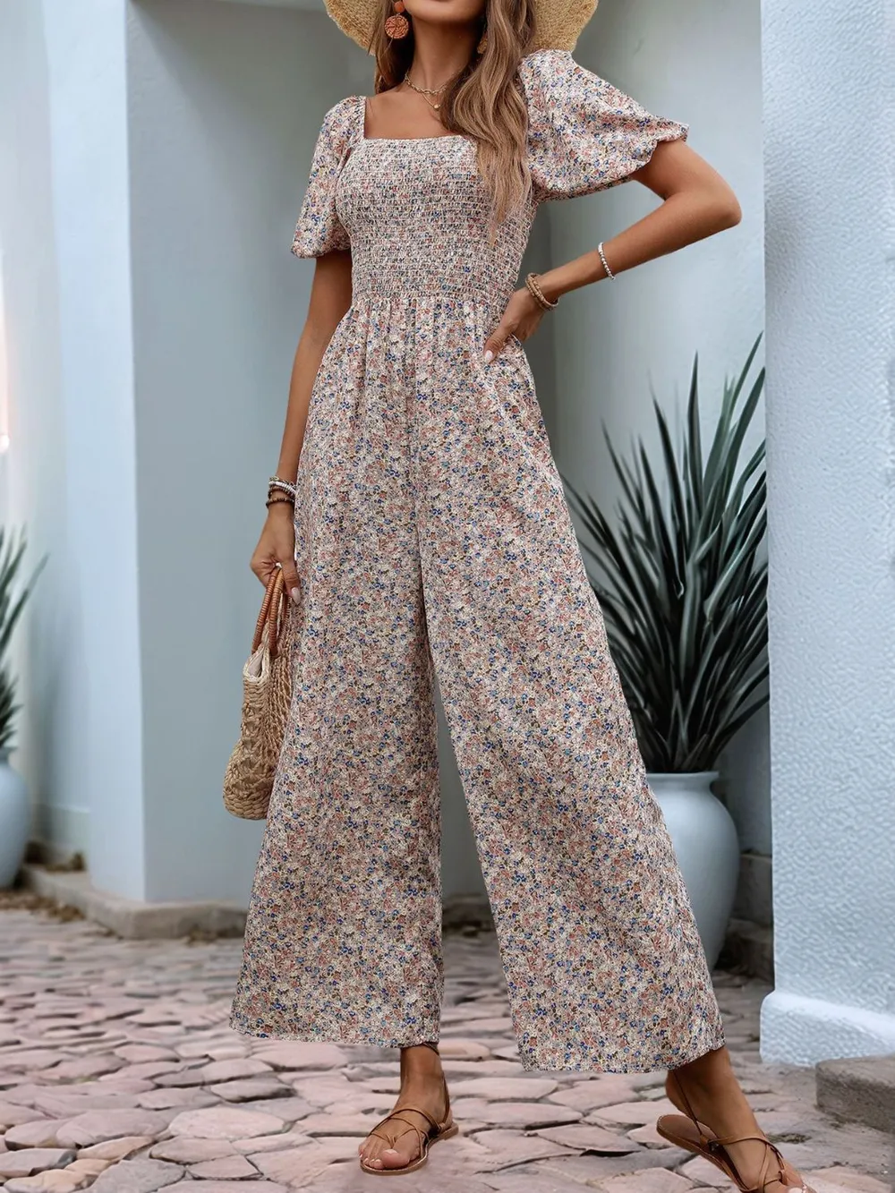 Ditsy Floral Smocked Square Neck Puff Sleeve Jumpsuit, image 6