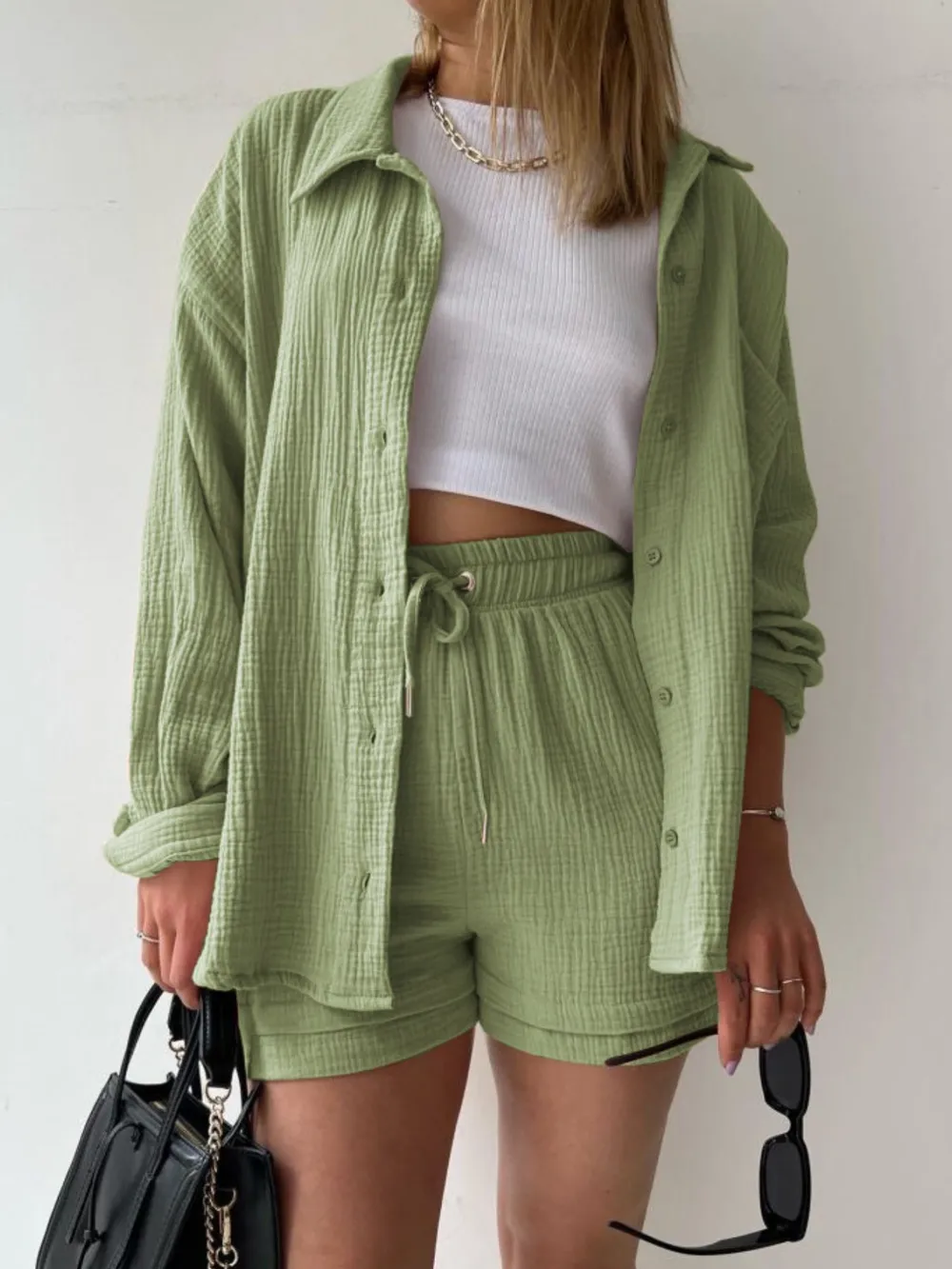 Textured Button Up Shirt and Shorts Set, image 16