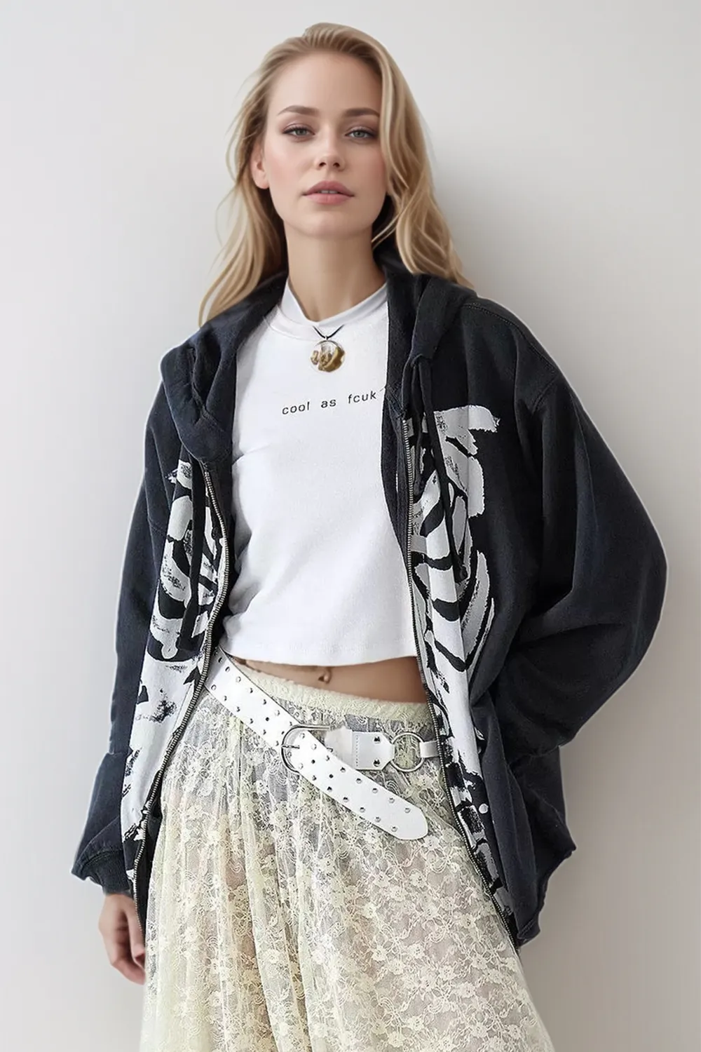 Skeleton Zip Up Drawstring Hoodie, image 5