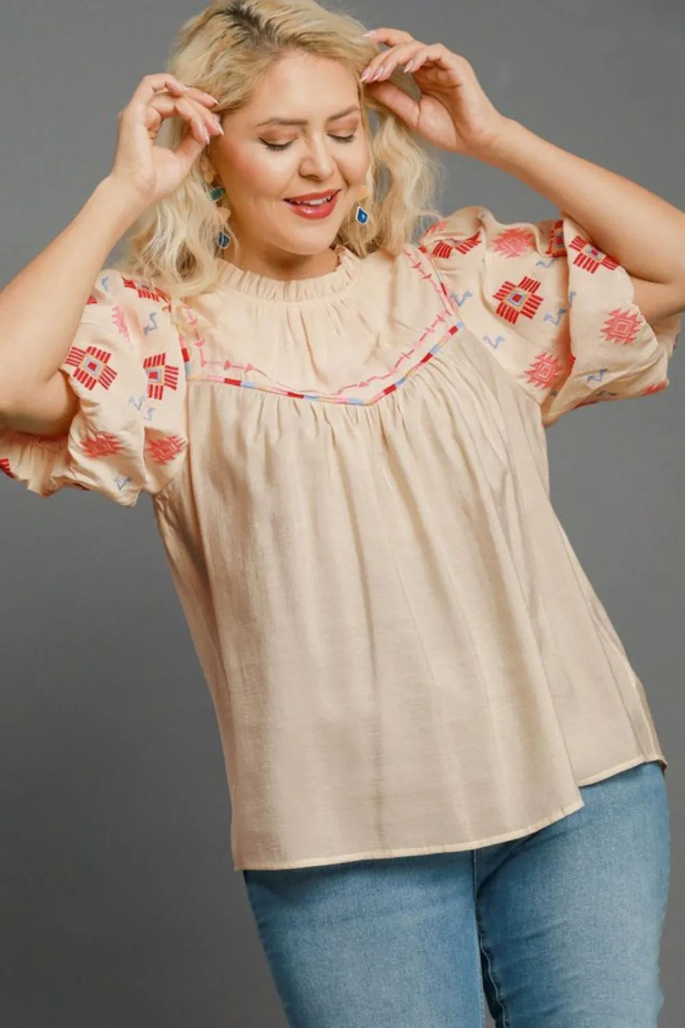 Full Size Embroidered Puff Sleeve Mock Neck Top Plus Size, image 3