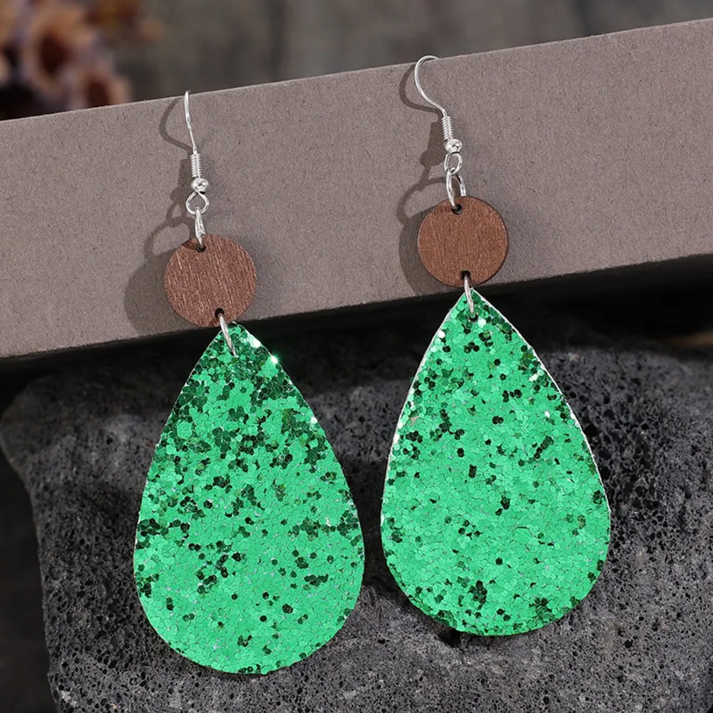 Sequin PU Leather Wooden Dangle Earrings, image 2