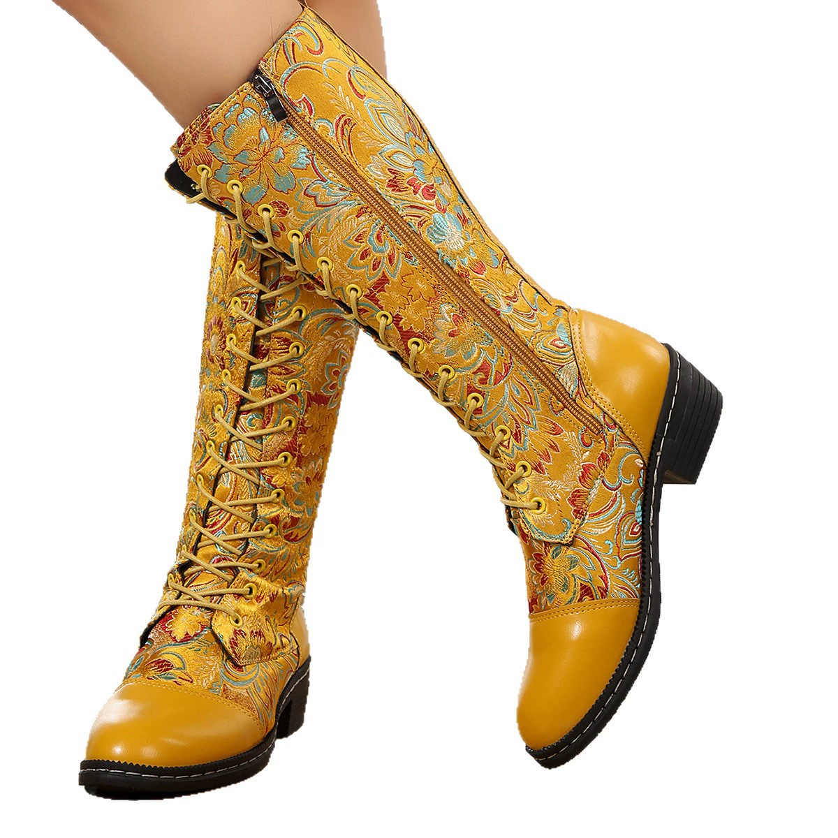 Embroidered Lace-Up Block Heel Boots, image 12