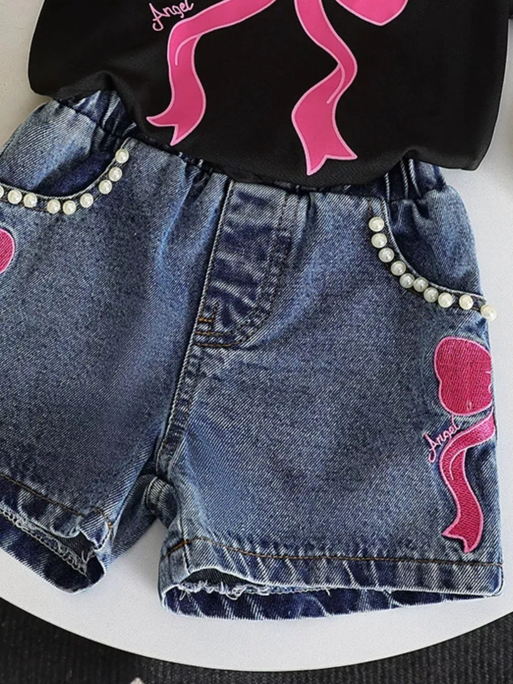 Children's Bowknot T-shirt and Denim Shorts Set, image 9