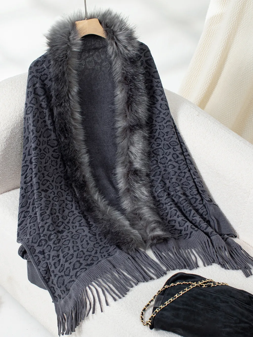 Fringe Leopard Open Front Long Sleeve Poncho, image 8