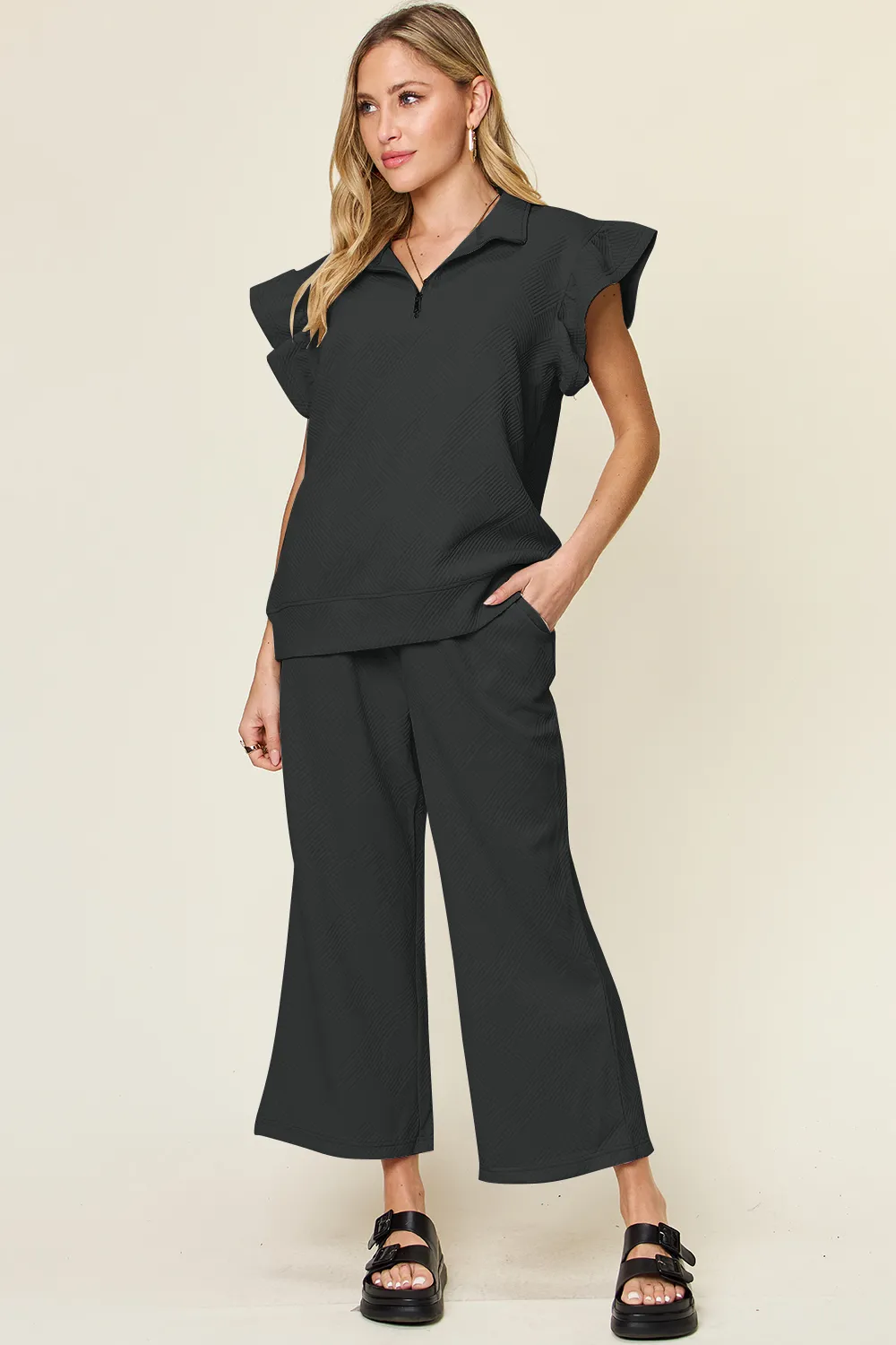 Texture Ruffle Short Sleeve Top and Drawstring Wide Leg Pants Set, image 16