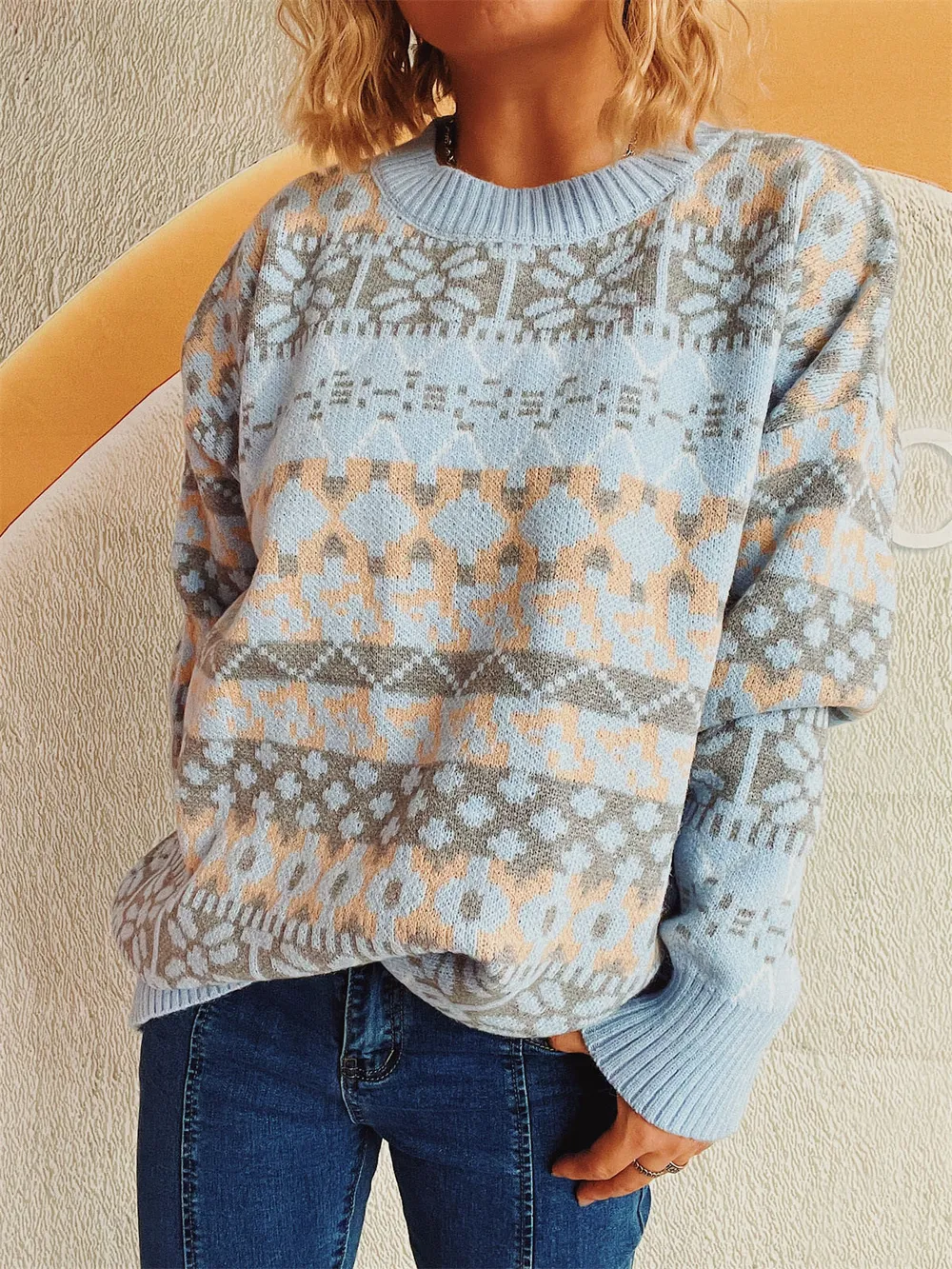 Geometric Round Neck Dropped Shoulder Sweater, image 6